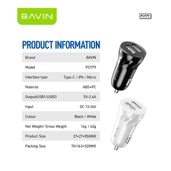Bavin Auto punjač 2xUSB + kabl Micro crna - PC979 ( 90043 )