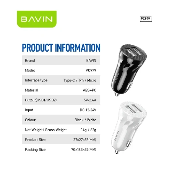 Bavin Auto punjač 2xUSB + kabl Lightning crna - PC979 ( 90045 )