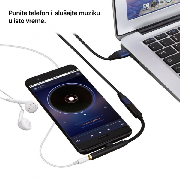 Adapter za slusalice i punjenje Type C crni