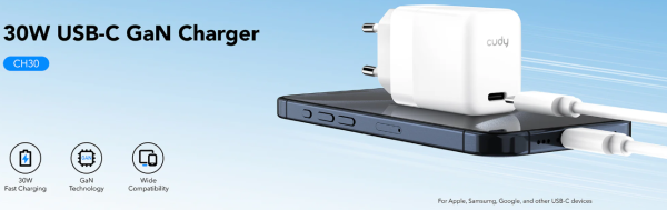 Cudy CH30_EU USB-C GaN Charger za telefone, tablete i MacBook Air, 30W