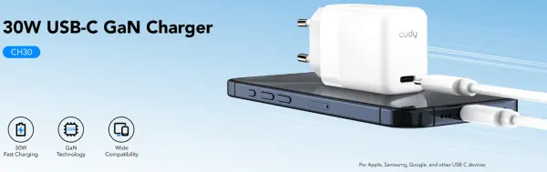 Cudy CH30_EU USB-C GaN Charger za telefone, tablete i MacBook Air, 30W