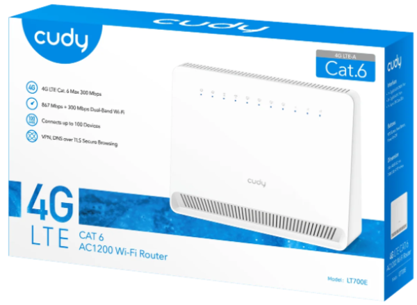 Cudy LT700E 4G Cat 6 AC1200 Wi-Fi Router, Max 300 Mbps DL, 4-Stream Dual-Band Wi-Fi 5