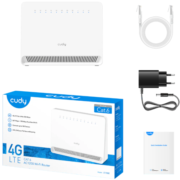 Cudy LT700E 4G Cat 6 AC1200 Wi-Fi Router, Max 300 Mbps DL, 4-Stream Dual-Band Wi-Fi 5