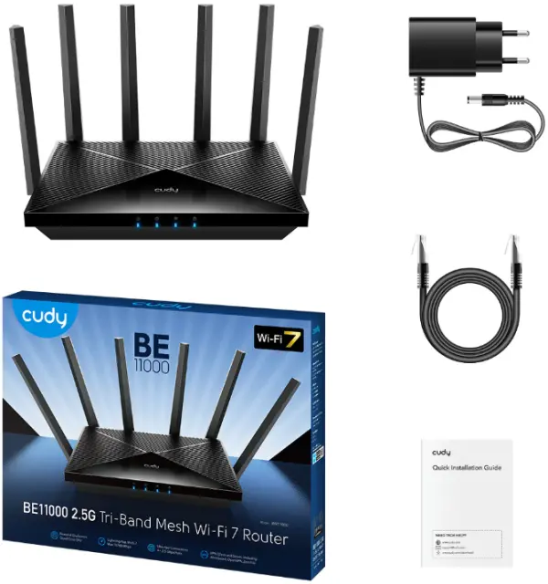 Cudy WR11000 BE11000 2.5G Tri-Band Mesh Wi-Fi 7 Router, Qualcomm 1.5 GHz Quad-Core CPU