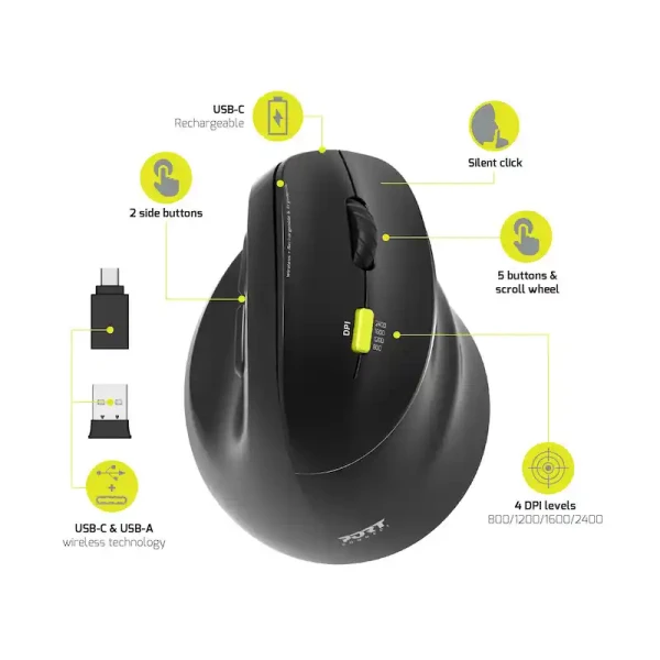 Bežični miš Port Designs Ergonomic 2.4 GHz Bluetooth punjivi