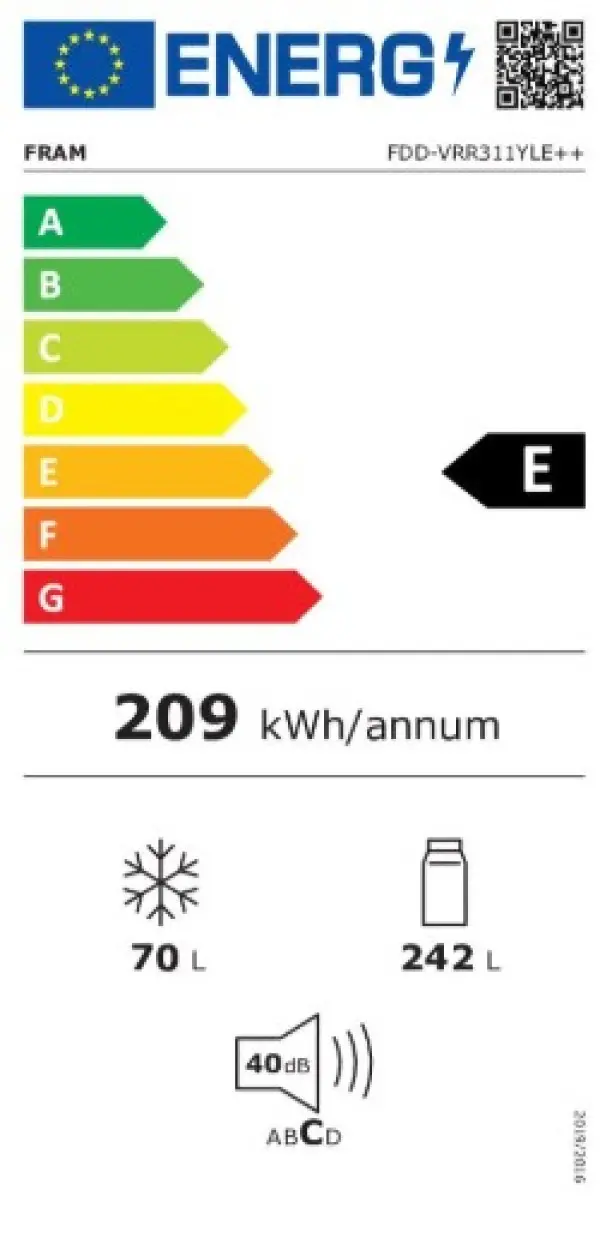 Frižider Fram FDD-VRR311YLE++ 242+69l60x180žuti