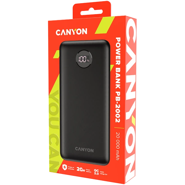 CANYON  PB-2002 Power bank 20000mAh Li-poly battery, Input Type-C 5V3A,9V2A,18W  , Output Type-C:5V3A,9V2.2A,12V1.5A,20W, Output USBA1USBA2