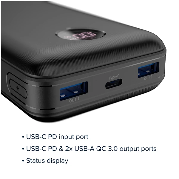 CANYON  PB-2002 Power bank 20000mAh Li-poly battery, Input Type-C 5V3A,9V2A,18W  , Output Type-C:5V3A,9V2.2A,12V1.5A,20W, Output USBA1USBA2
