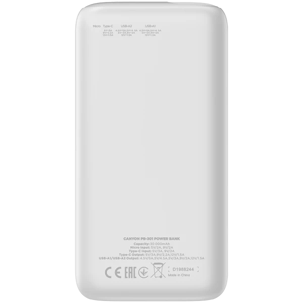 CANYON PB - 301, Power bank 30000mAh Li-poly battery, Input Micro: DC5V2A, 9V2A Input Type c PD : DC5V3A, 9V2A, Output Type C  PD:5V3A,9V2.