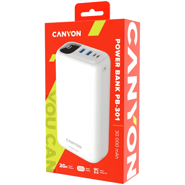 CANYON PB - 301, Power bank 30000mAh Li-poly battery, Input Micro: DC5V2A, 9V2A Input Type c PD : DC5V3A, 9V2A, Output Type C  PD:5V3A,9V2.