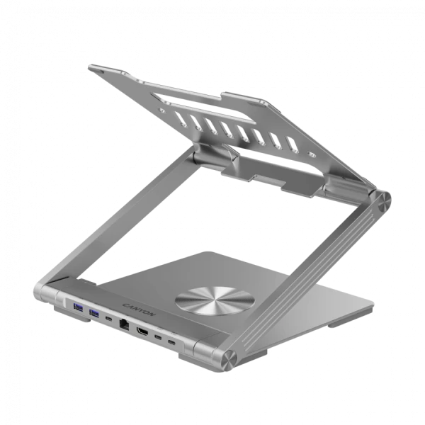 Canyon Laptop stands with hub, TYPE C F to HDMI2.0+2USB3.0+USBC3.0+RJ45+PD, TYEP C TO C cable 1m white with Emarker: HUSB332A, Material: Al
