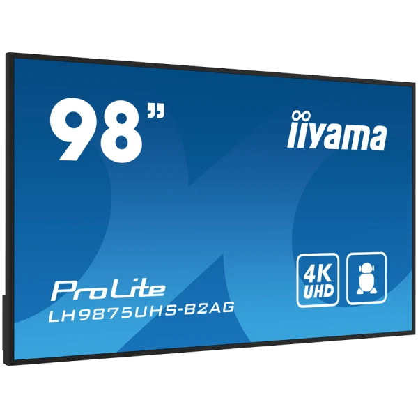 IIYAMA LFD LH9875UHS-B2AG  98'' 4K UHD Professional Digital Signage display featuring Android OS, iiSignage˛ and OPS PC slot landscape, port