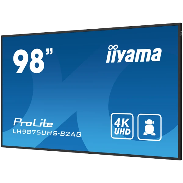IIYAMA LFD LH9875UHS-B2AG  98'' 4K UHD Professional Digital Signage display featuring Android OS, iiSignage˛ and OPS PC slot landscape, port