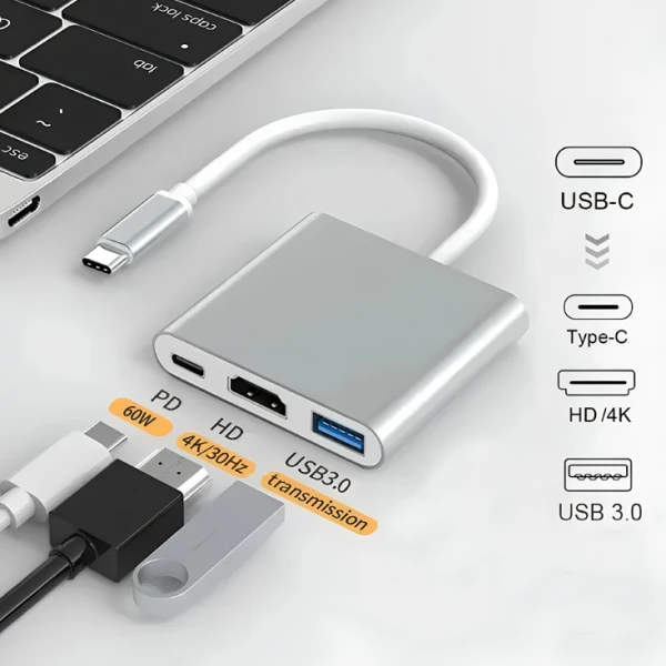 3u1 USB HUB, HDMI+USB-A i USB-C(PD) 