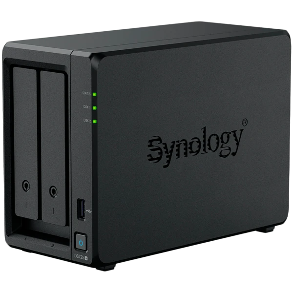 Synology DS725+, Tower, 2-Bays 3.5 SATA HDDSSD, 2 x M.2 2280 NVMe SSD, CPU AMD Ryzen R1600 dual-core (4-thread), max. boost up to 3.1 GHz, 