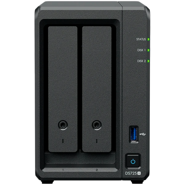 Synology DS725+, Tower, 2-Bays 3.5 SATA HDDSSD, 2 x M.2 2280 NVMe SSD, CPU AMD Ryzen R1600 dual-core (4-thread), max. boost up to 3.1 GHz, 