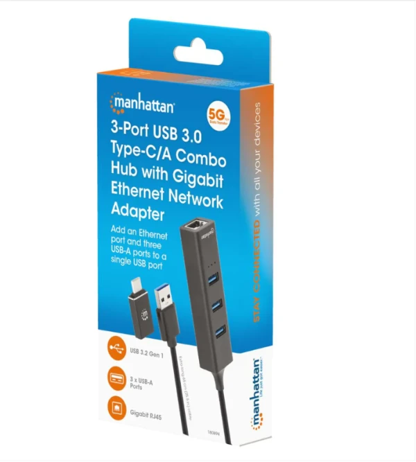 USB HUB 3port Manhattan 180894 USB-AC 3xUSB 3.2 5Gbps1xGLAN 5Gbpssivi