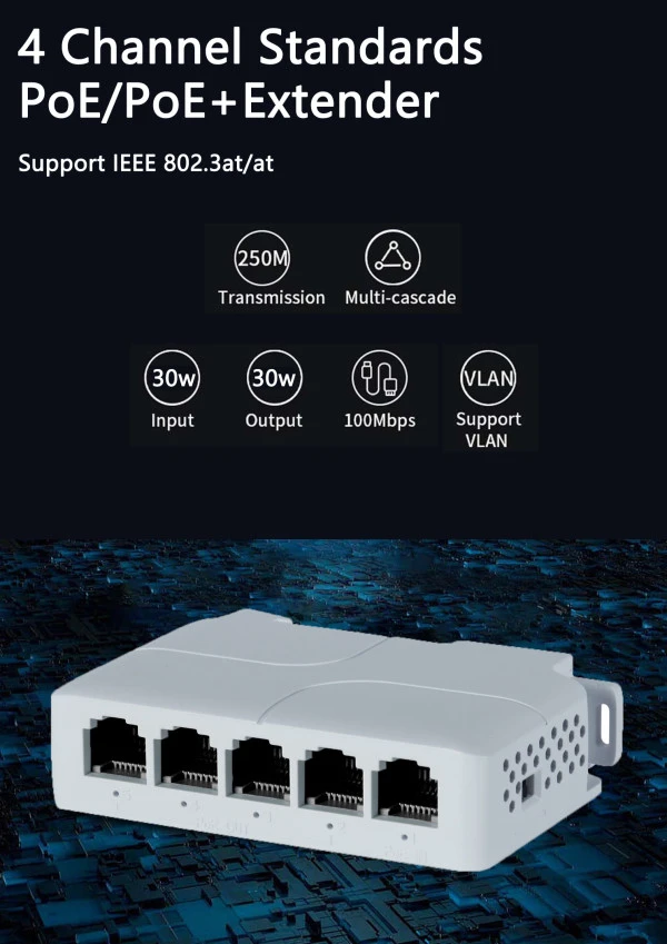 POE-EXT-14F 5 port, 100mbps POE extender, 30/60W 8W/port, POE voltage 44-57Vdc, 100m, 802.3af/at