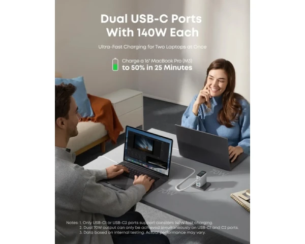 ANKER 140W GaN zidni brzi punjač, 4-porta (3x USB-C i 1x USB-A) sa USB-C MM pletenim kablom, srebrni 