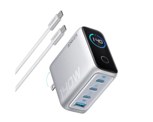 ANKER 140W GaN zidni brzi punjač, 4-porta (3x USB-C i 1x USB-A) sa USB-C MM pletenim kablom, srebrni 