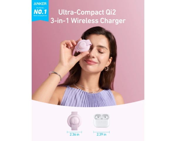 ANKER MagGo Bežični 3u1 sklopivi punjač roze 