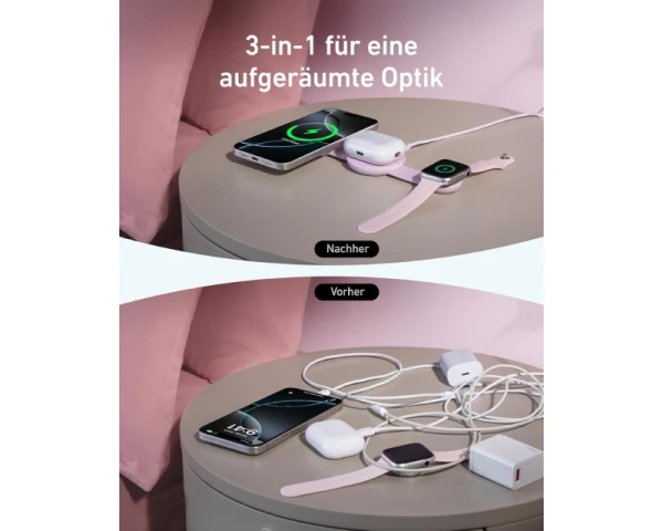 ANKER MagGo Bežični 3u1 sklopivi punjač roze 