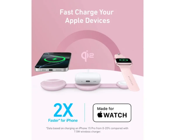 ANKER MagGo Bežični 3u1 sklopivi punjač roze 