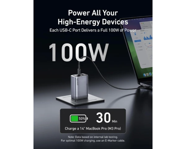 ANKER Prime 100W GaN zidni brzi punjač, 3-porta (2x USB-C i 1x USB-A) srebrni 