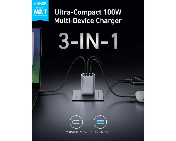 ANKER Prime 100W GaN zidni brzi punjač, 3-porta (2x USB-C i 1x USB-A) srebrni 