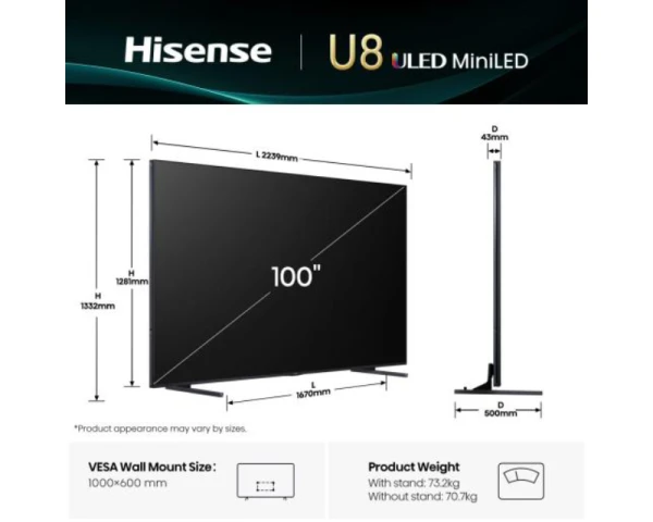 HISENSE 100 inča 100U8Q ULED Mini-LED 4K UHD Smart TV 