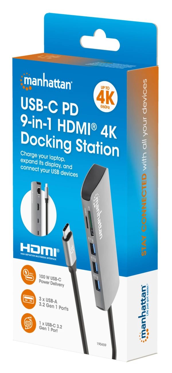 Docking station Manhattan 190459 9in1 USB-C - 1xHDMI5xUSBLANCRPD 100W