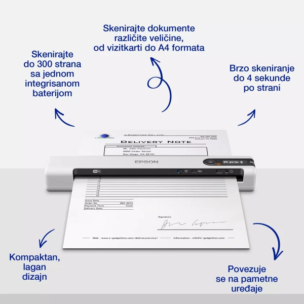 Scanner WorkForce DS-80W, Portable, CIS, A4, 4 s/page, WiFi, USB, Baterija ( B11B253402 ) 