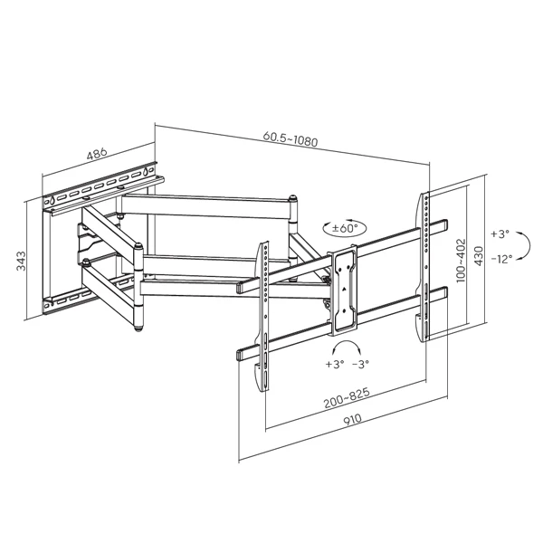 Xstand 43-90 all around Nosač za TV/FULL MOTION/nagib+3 do-12/rotac.60/VESA 800X400/60kg/60-1080mm 