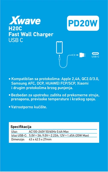 Xwave H20C 20w Brzi ZIDNI punjač za mobilne,tablete, usb C ,Beli 