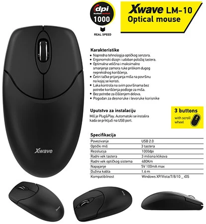 Xwave LM-10 Miš optički,USB,do 1000dpi,crno-sivi 