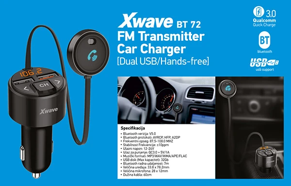 XWAVE FM Transmitter BT72 crni 2xUSB
