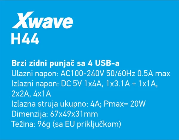 Strujni adapter punjac X WAVE H44 4 x USB, 5V4A