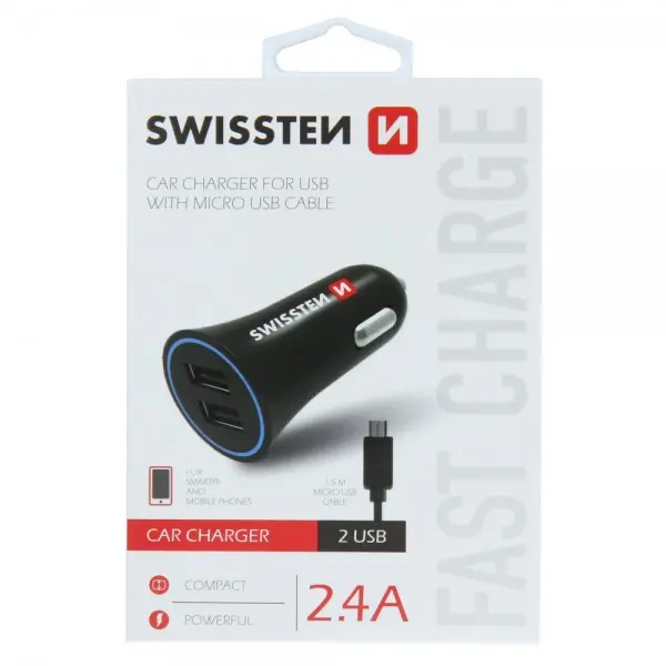 Auto punjač Swissten 2.4A 2xUSB+ kabl micro USB