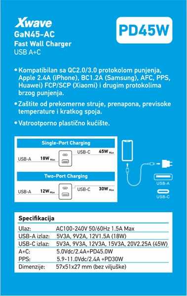 Xwave GaN45-AC GaN ultra-brzi punjač 45W USB-A + USB-C, za mobilne, tablete, Crni 