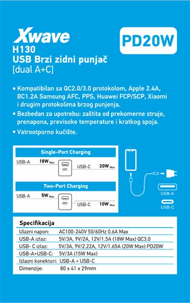 Xwave H130 20w Brzi ZIDNI punjač za mobilne,tablete, usb-C usb-A ,Beli 