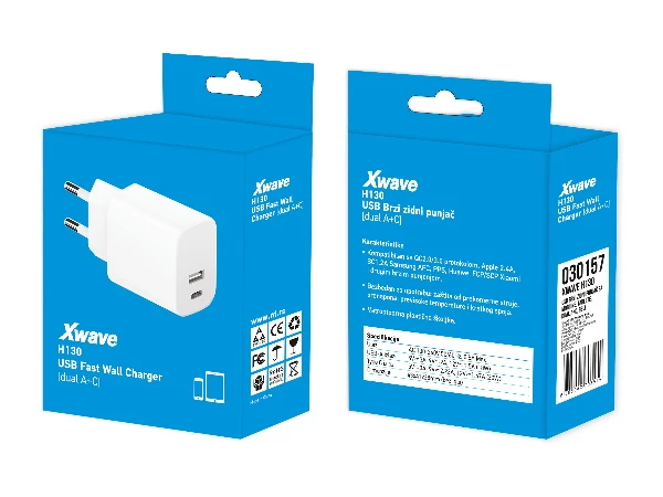 Xwave H130 20w Brzi ZIDNI punjač za mobilne,tablete, usb-C usb-A ,Beli 