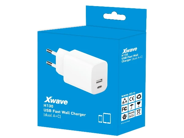Xwave H130 20w Brzi ZIDNI punjač za mobilne,tablete, usb-C usb-A ,Beli 