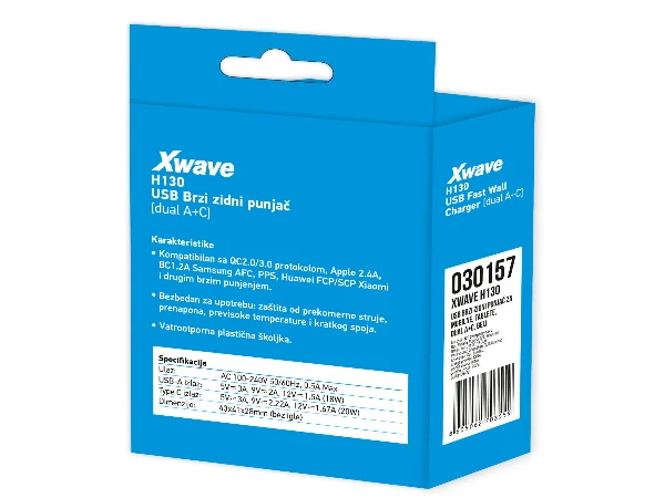 Xwave H130 20w Brzi ZIDNI punjač za mobilne,tablete, usb-C usb-A ,Beli 
