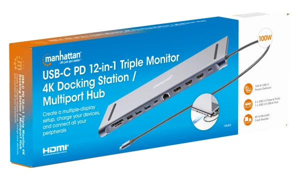 Docking station Manhattan 12in1 USB-C 100W-2xHDMIDPGLAN3xUSBUSB-C 190305