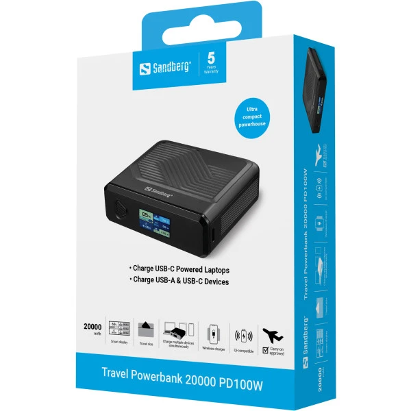 Powerbank Sandberg Travel 421-25 20000mAh PD100Wbežično punjenje