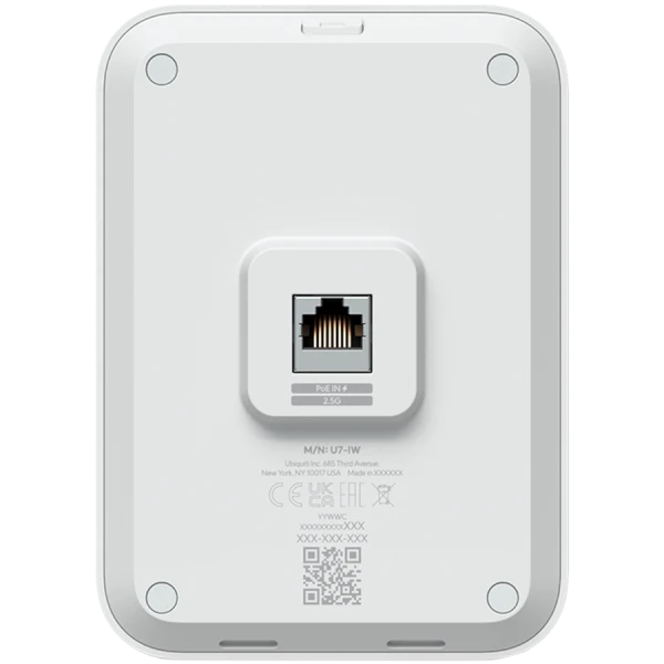 Ubiquiti UniFin U70IW Wall mounted WiFi 7 AP with 4 spatial streams and an integreated 2.5GbE PoE switch desined for hospitality enviorment