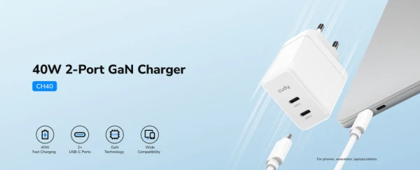 Cudy CH40_EU Brzi punjac za telefone,laptopove I tablete PD+PPS+QC, 2× USB-C , 40W