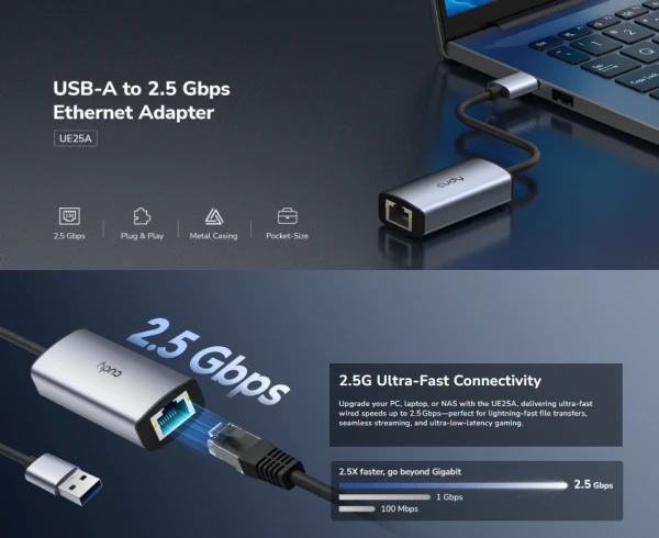 Cudy UE25A, USB-A adapter za Ethernet od 2.5 Gbps , 10/100/1000/2500 Mbps