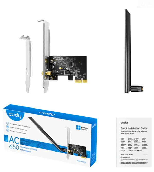 Cudy WE650,AC650  Bezicni PCI-E adapter sa dva opsega, 433 Mbps + 200 Mbps ,Dual-Band Wi-Fi 5