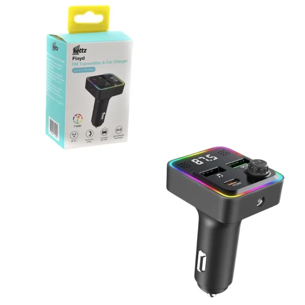 Kettz FM Transmiter i Punjač Flyod – 2×USB QC3.0 + Type-C PD30W, LED